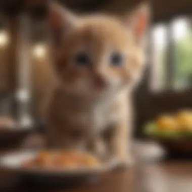 A playful kitten exploring its feeding area