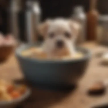 A bowl of boiled chicken and rice for a puppy's recovery diet.