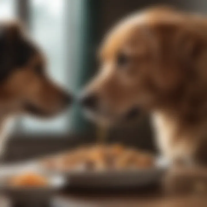 A dog owner gently encouraging their pet to eat