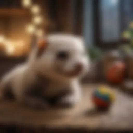 A delightful ferret playing with toys in a cozy environment.