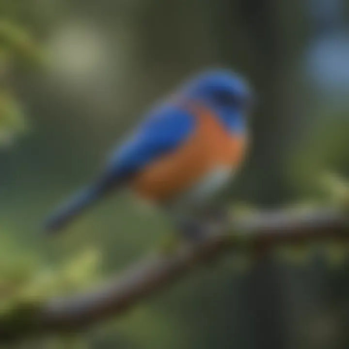 A vibrant bluebird perched on a branch in a natural habitat, showcasing its vivid colors.